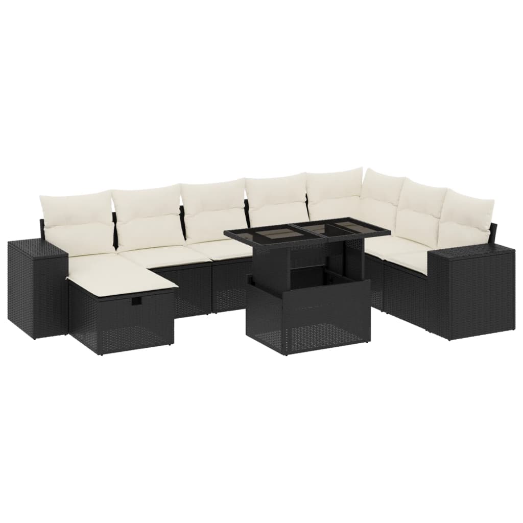 Set Mobilier De Grădină Cu Perne, 9 Piese, Negru, Poliratan