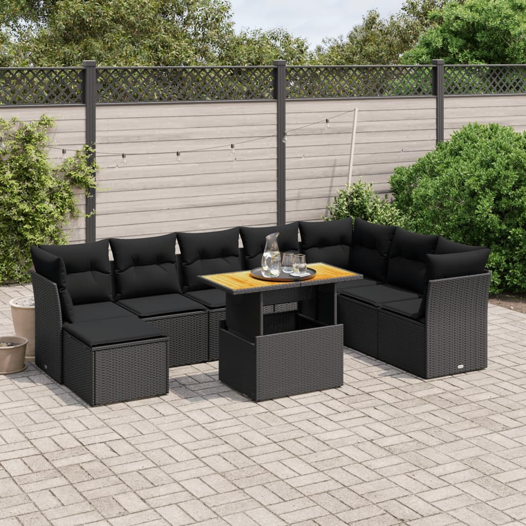 Set Mobilier De Grădină Cu Perne, 9 Piese, Negru, Poliratan