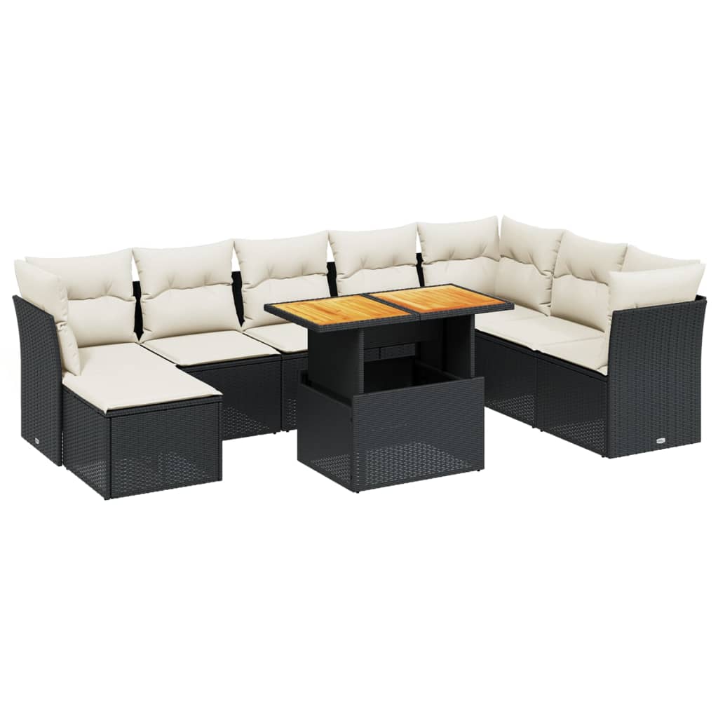 Set Mobilier De Grădină Cu Perne, 9 Piese, Negru, Poliratan