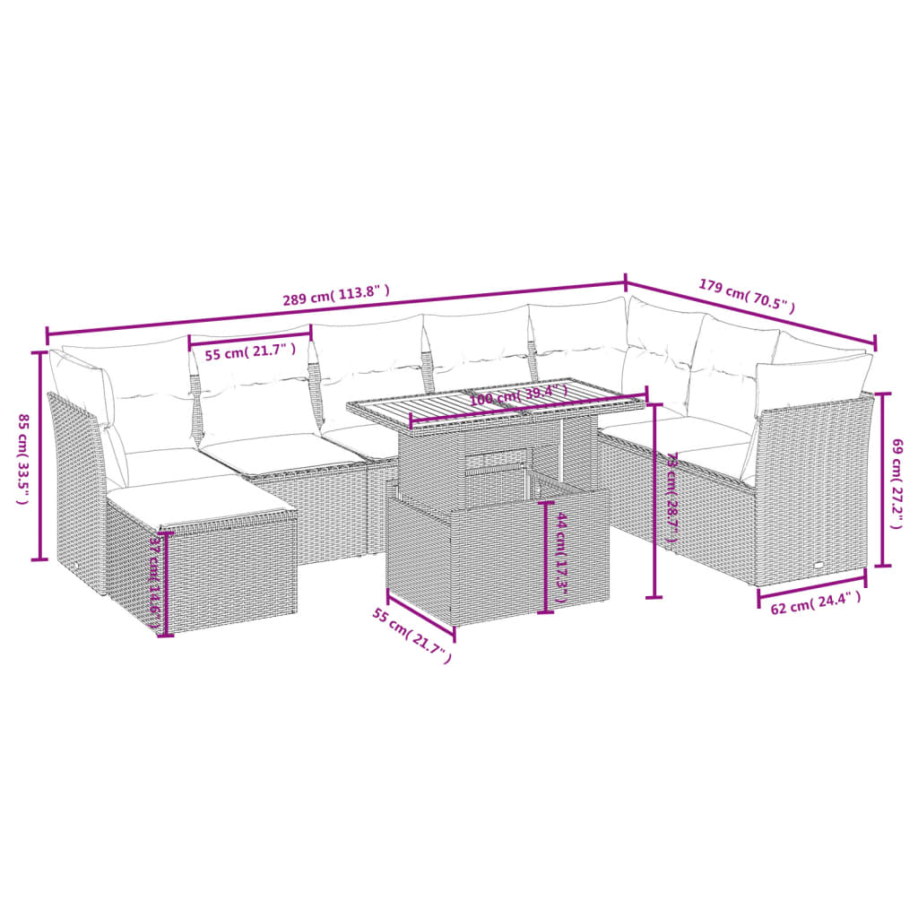 Set Mobilier De Grădină Cu Perne, 9 Piese, Negru, Poliratan