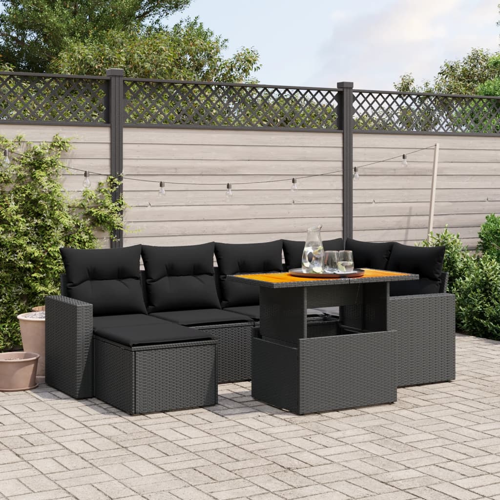 Set Canapele De Grădină Cu Perne, 7 Piese, Negru, Poliratan