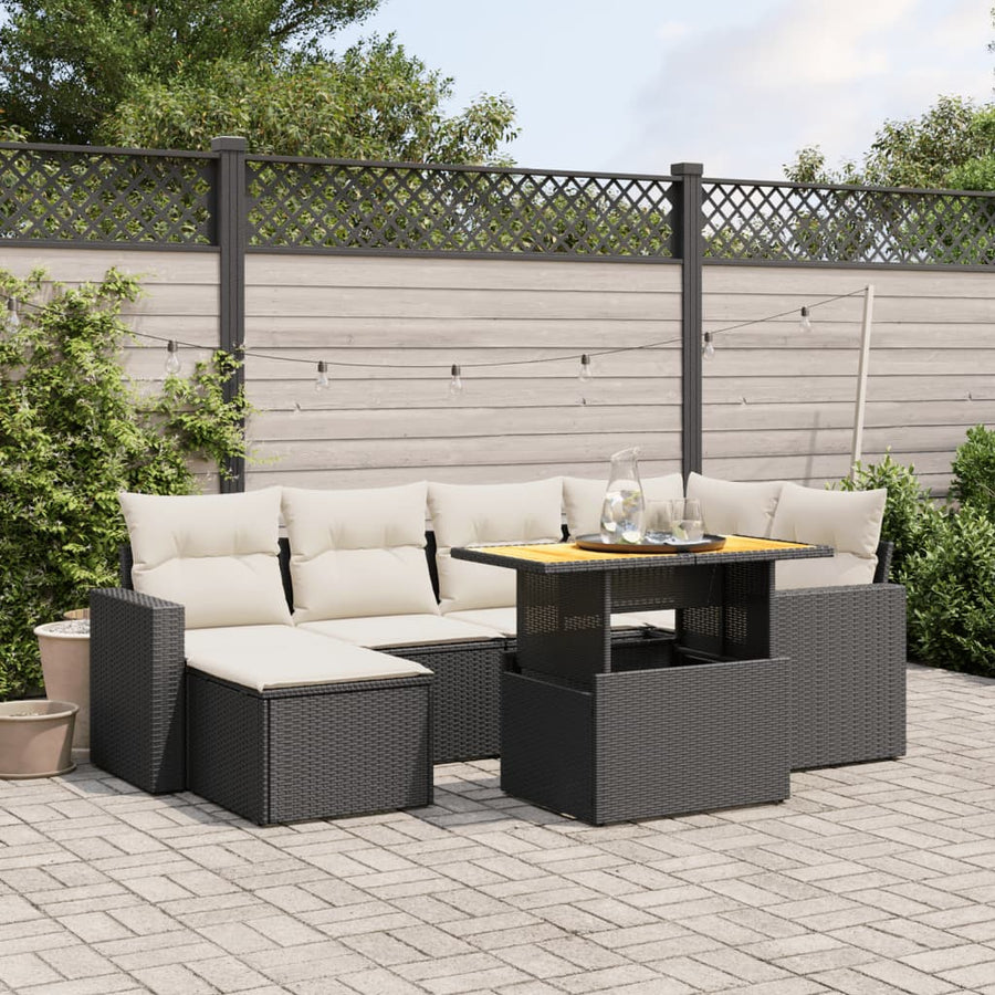 Set Canapele De Grădină Cu Perne, 7 Piese, Negru, Poliratan