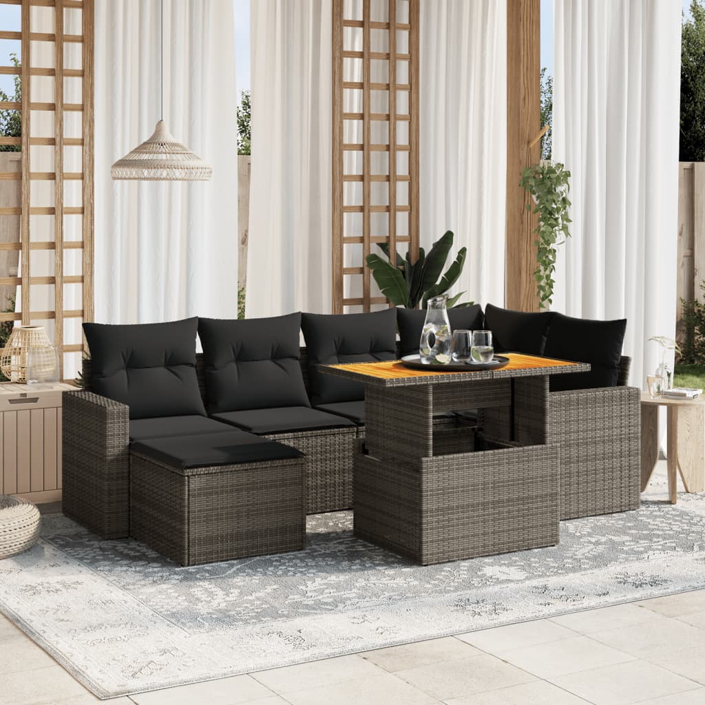 Set Canapele De Grădină Cu Perne, 7 Piese, Negru, Poliratan