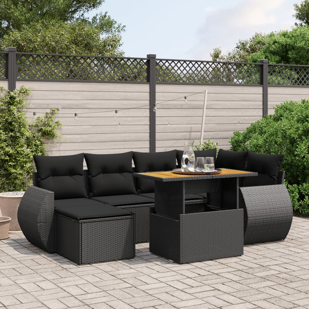 Set Canapele De Grădină Cu Perne, 7 Piese, Negru, Poliratan