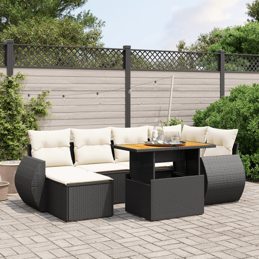 Set Canapele De Grădină Cu Perne, 7 Piese, Negru, Poliratan