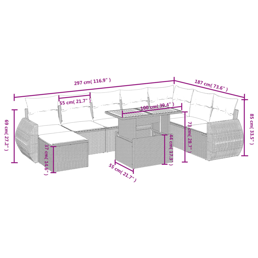 Set Mobilier De Grădină Cu Perne, 9 Piese, Negru, Poliratan