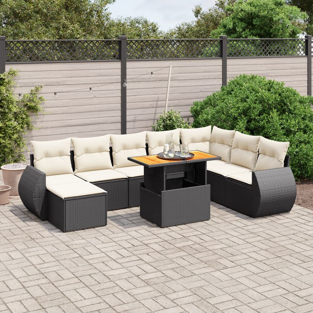 Set Mobilier De Grădină Cu Perne, 9 Piese, Negru, Poliratan