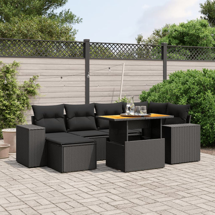 Set Canapele De Grădină Cu Perne, 7 Piese, Negru, Poliratan