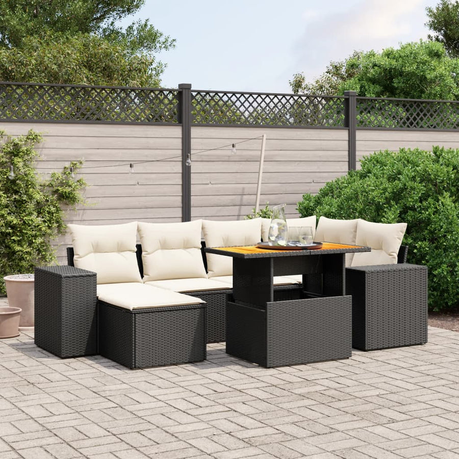 Set Canapele De Grădină Cu Perne, 7 Piese, Negru, Poliratan