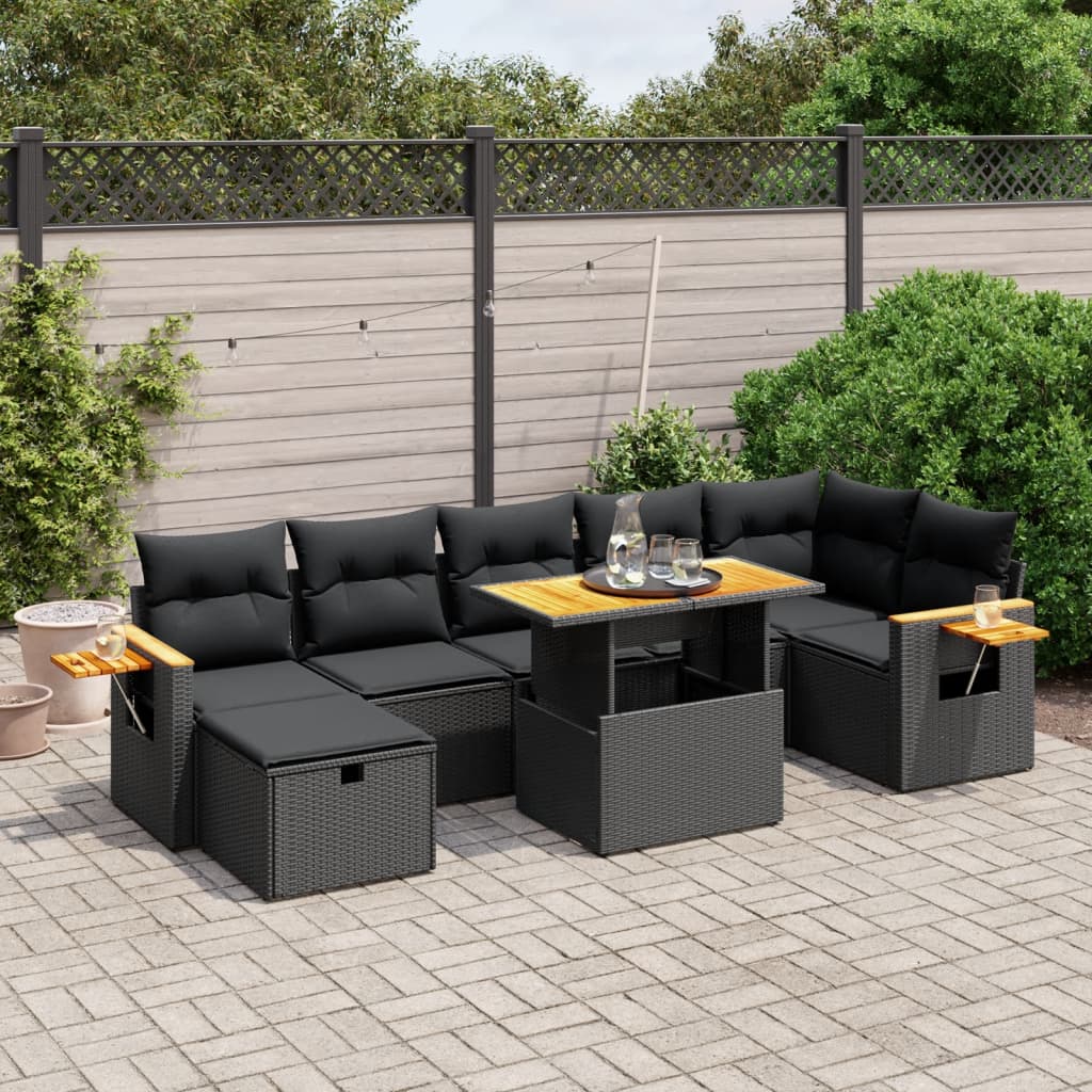 Set Mobilier De Grădină Cu Perne, 8 Piese, Negru, Poliratan