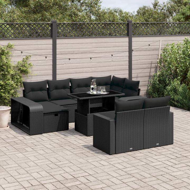 Set Canapele De Grădină Cu Perne, 11 Piese, Negru, Poliratan