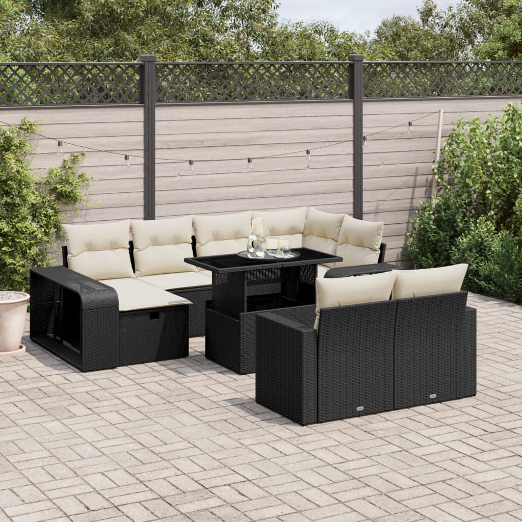 Set Canapele De Grădină Cu Perne, 11 Piese, Negru, Poliratan