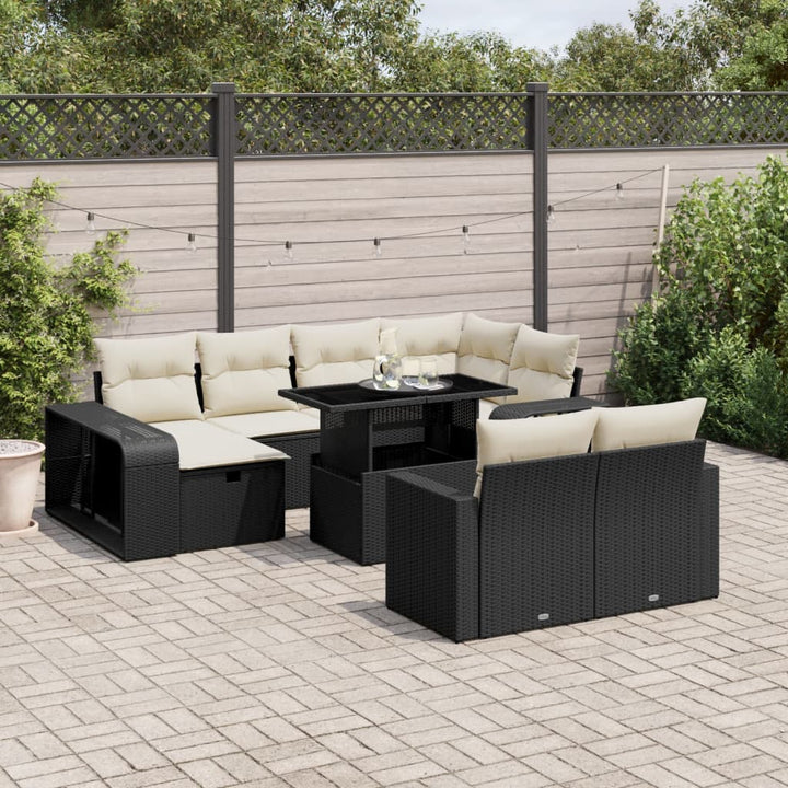 Set Canapele De Grădină Cu Perne, 11 Piese, Negru, Poliratan