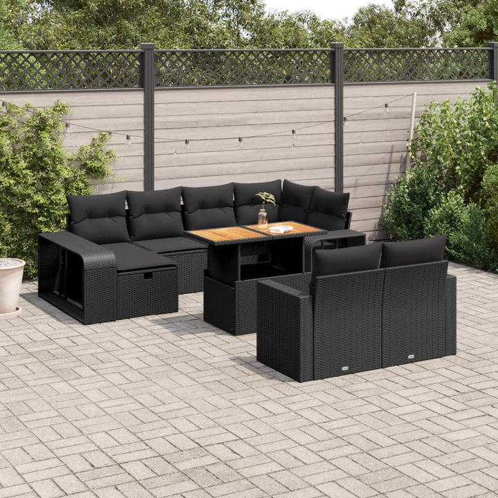 Set Canapele De Grădină Cu Perne, 11 Piese, Negru, Poliratan