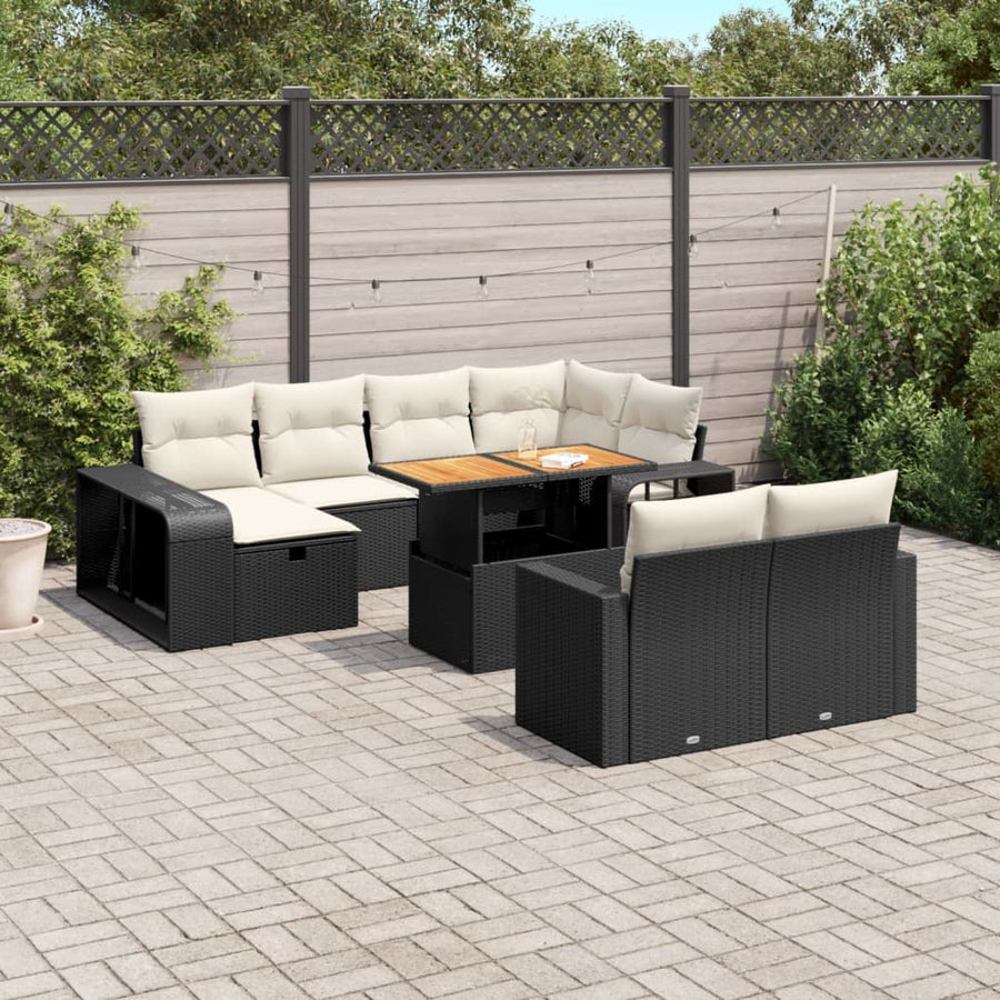 Set Canapele De Grădină Cu Perne, 11 Piese, Negru, Poliratan