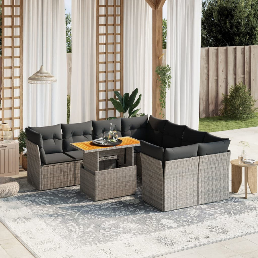 Set Canapele De Grădină, 9 Piese, Cu Perne, Gri, Poliratan