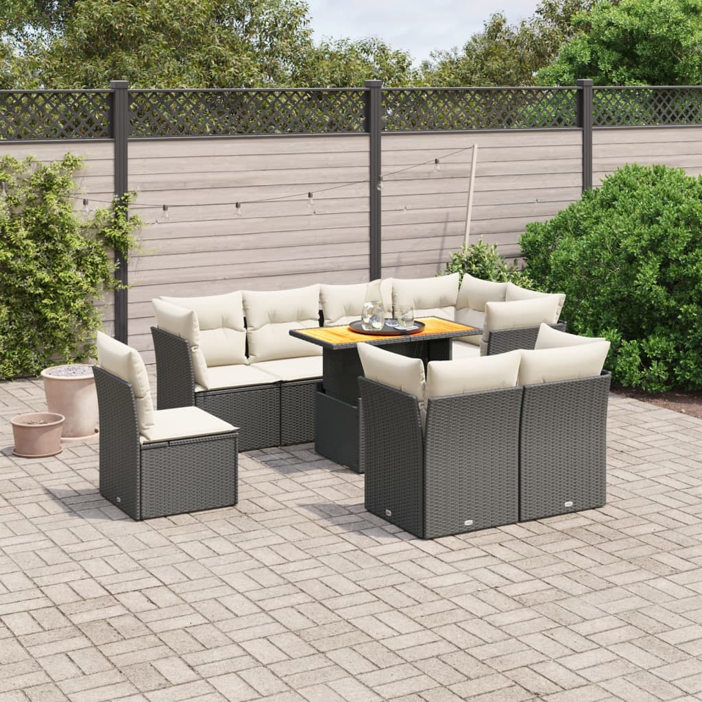 Set Mobilier De Grădină Cu Perne, 9 Piese, Negru, Poliratan