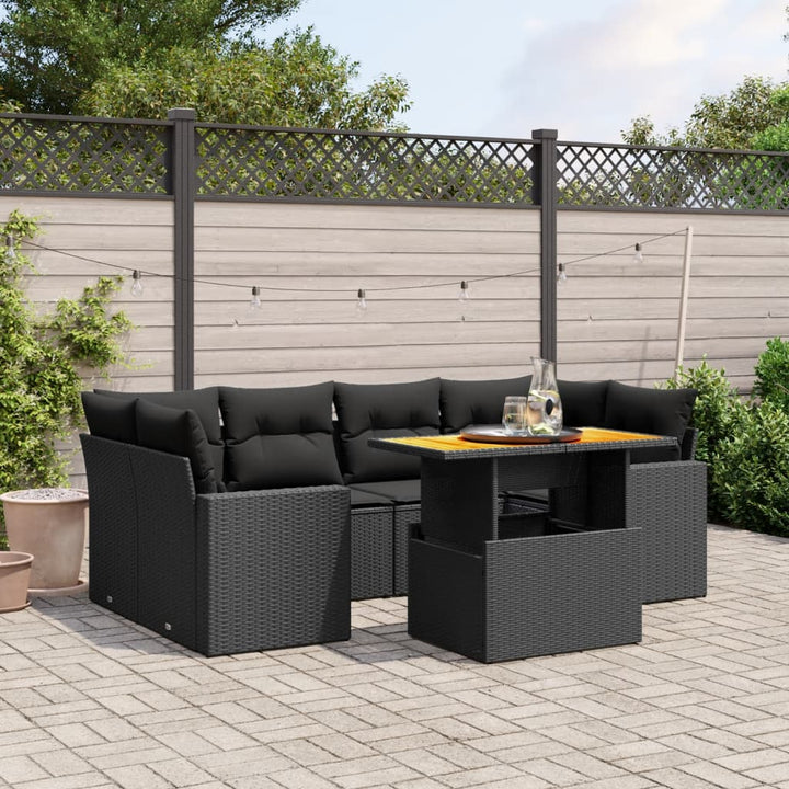 Set Canapele De Grădină Cu Perne, 7 Piese, Negru, Poliratan
