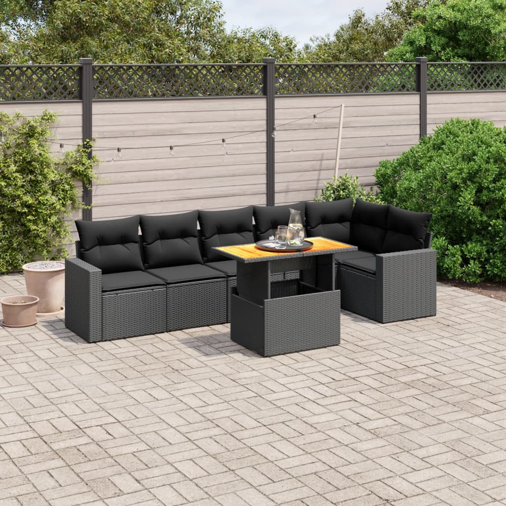 Set Canapele De Grădină Cu Perne, 7 Piese, Negru, Poliratan