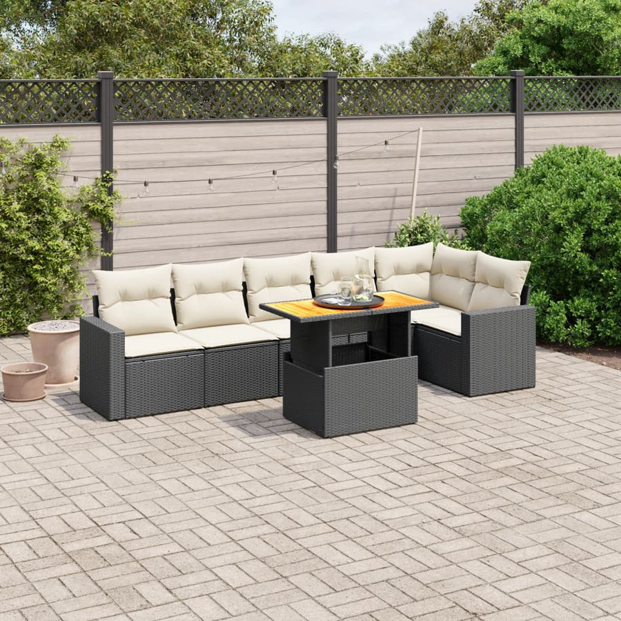 Set Canapele De Grădină Cu Perne, 7 Piese, Negru, Poliratan