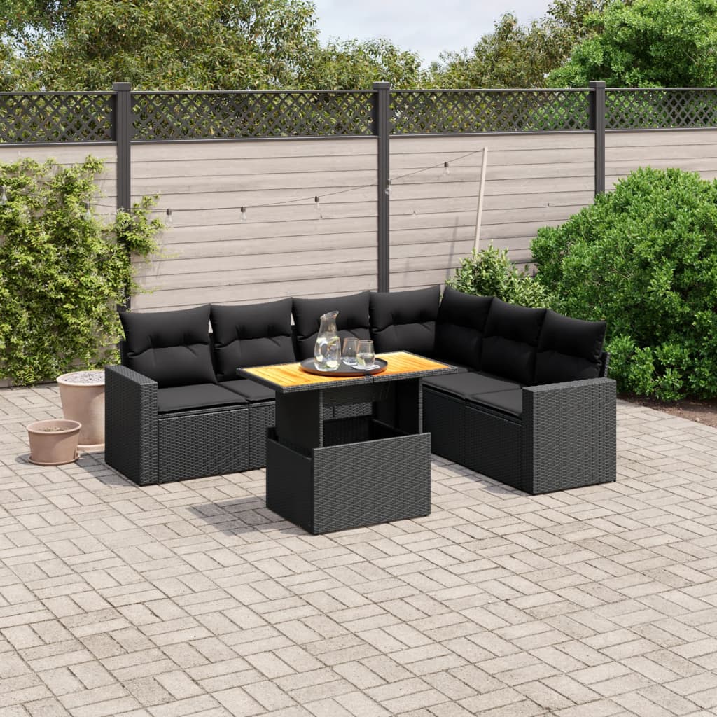 Set Canapele De Grădină Cu Perne, 7 Piese, Negru, Poliratan