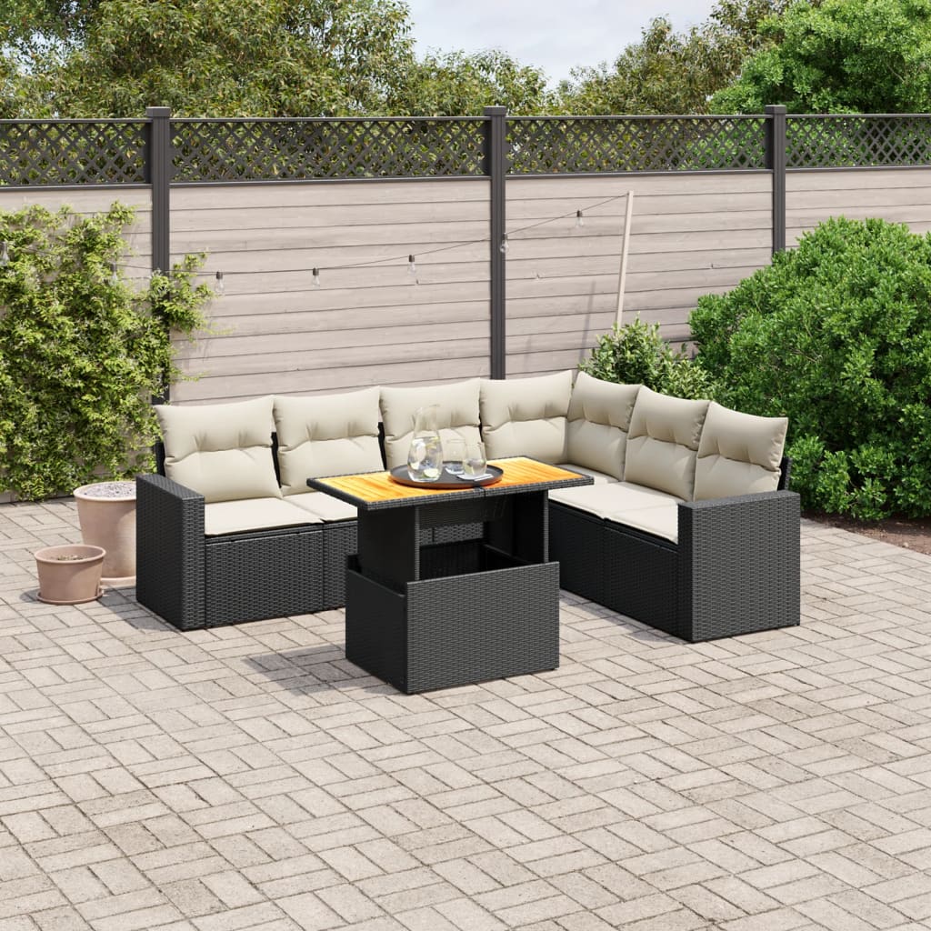 Set Canapele De Grădină Cu Perne, 7 Piese, Negru, Poliratan