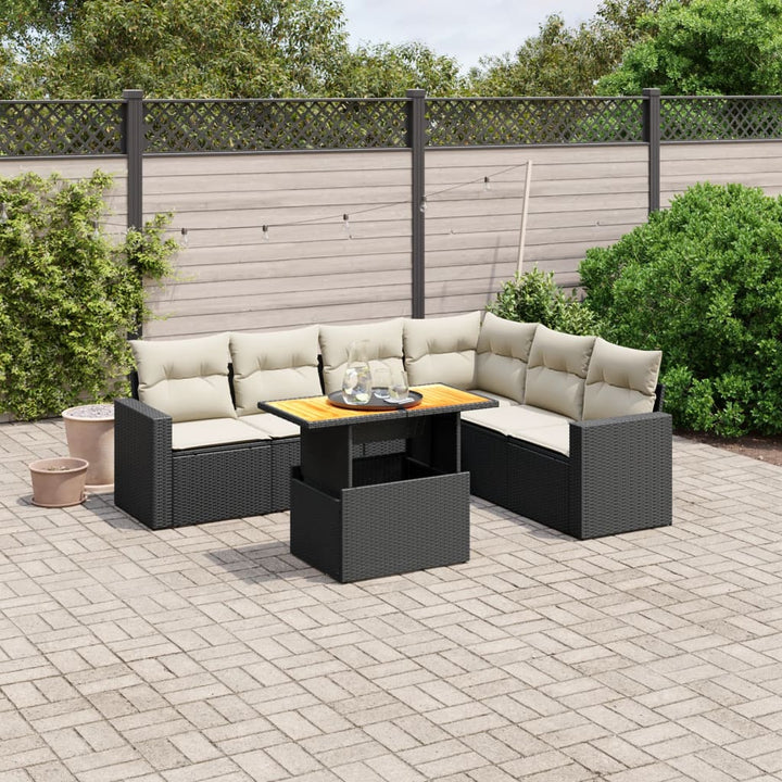 Set Canapele De Grădină Cu Perne, 7 Piese, Negru, Poliratan