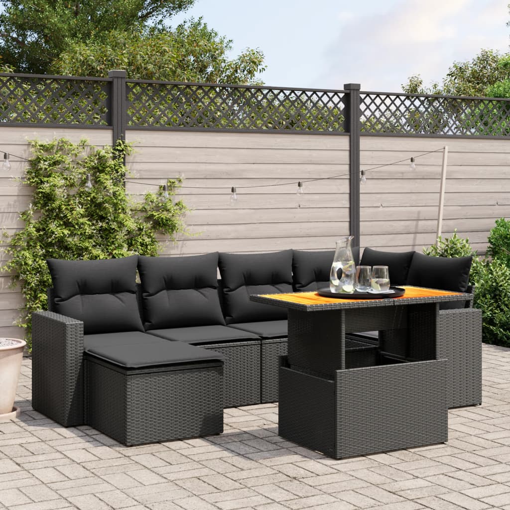 Set Canapele De Grădină Cu Perne, 7 Piese, Negru, Poliratan