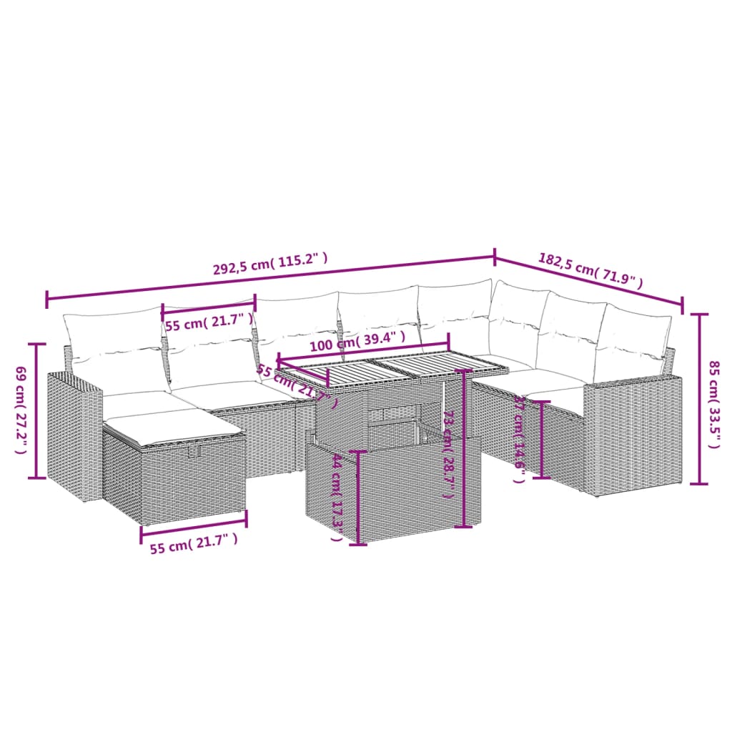 Set Mobilier De Grădină Cu Perne, 9 Piese, , Poliratan
