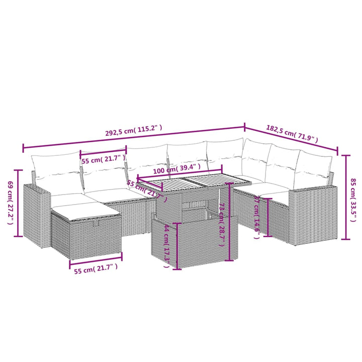 Set Mobilier De Grădină Cu Perne, 9 Piese, , Poliratan