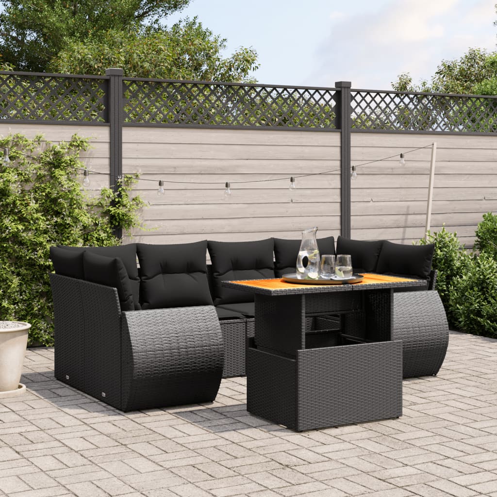 Set Canapele De Grădină Cu Perne, 7 Piese, Negru, Poliratan
