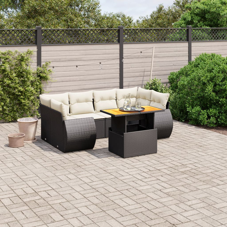Set Canapele De Grădină Cu Perne, 7 Piese, Negru, Poliratan