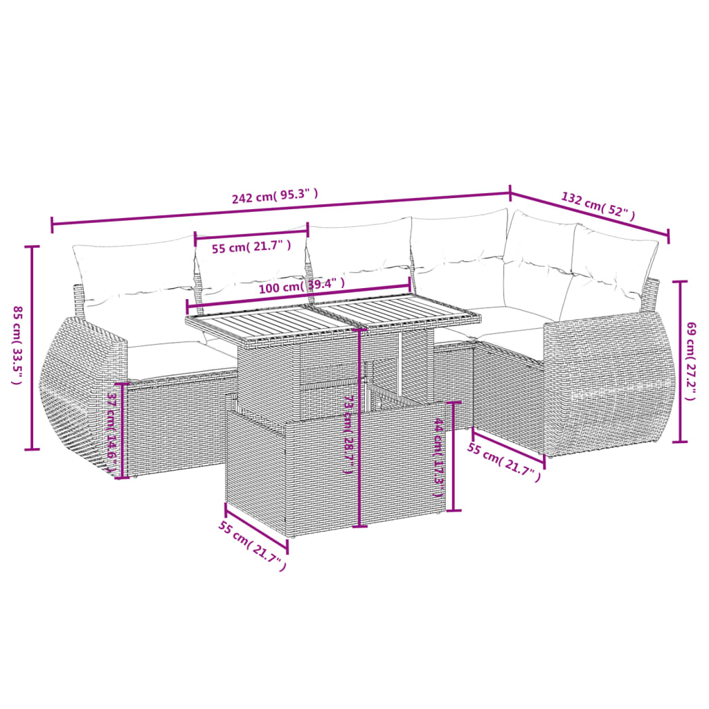 Set Mobilier De Grădină Cu Perne, 6 Piese, Negru, Poliratan