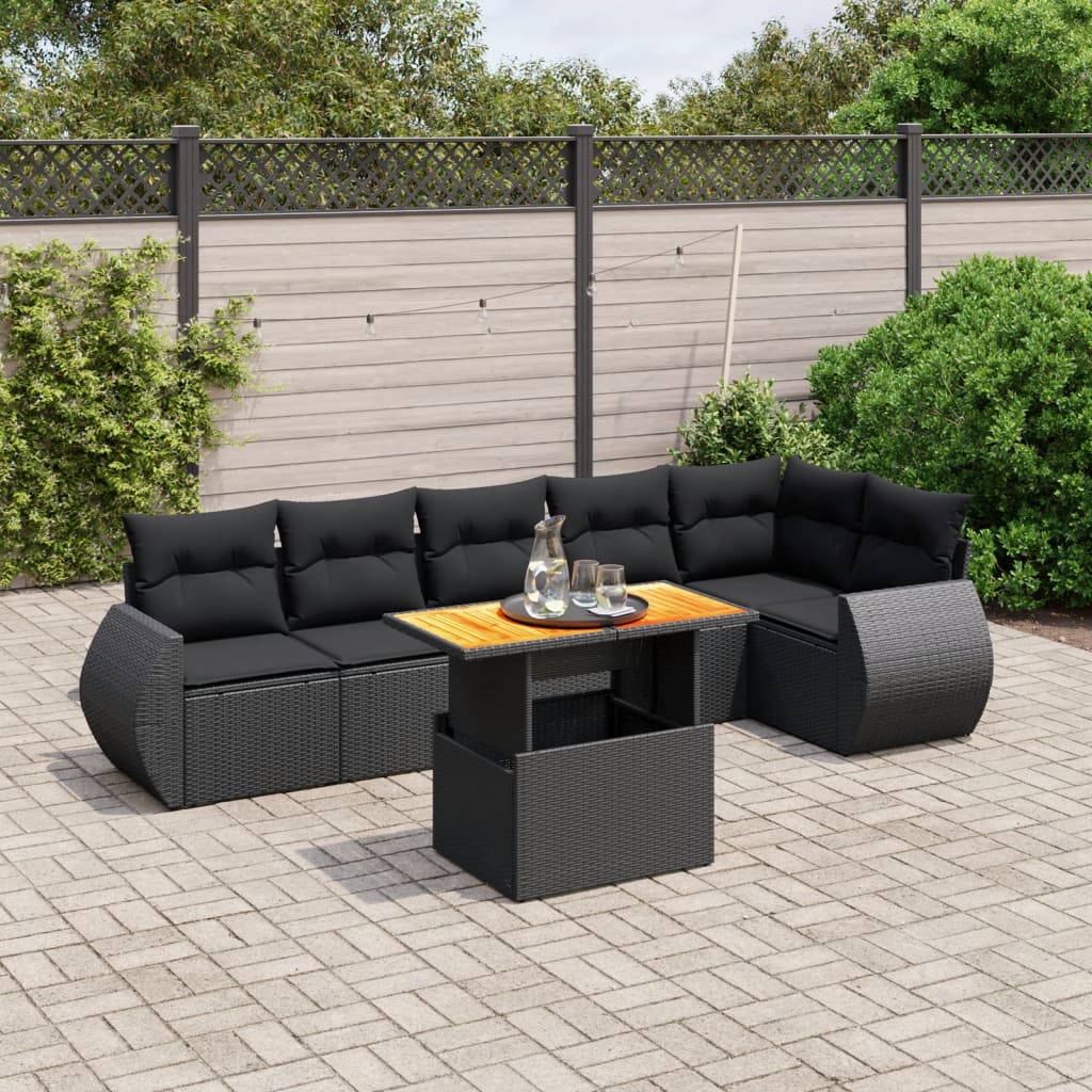 Set Canapele De Grădină Cu Perne, 7 Piese, Negru, Poliratan