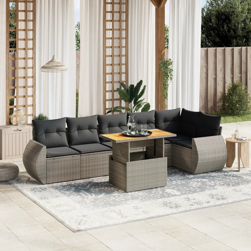Set Canapele De Grădină Cu Perne, 7 Piese, Negru, Poliratan