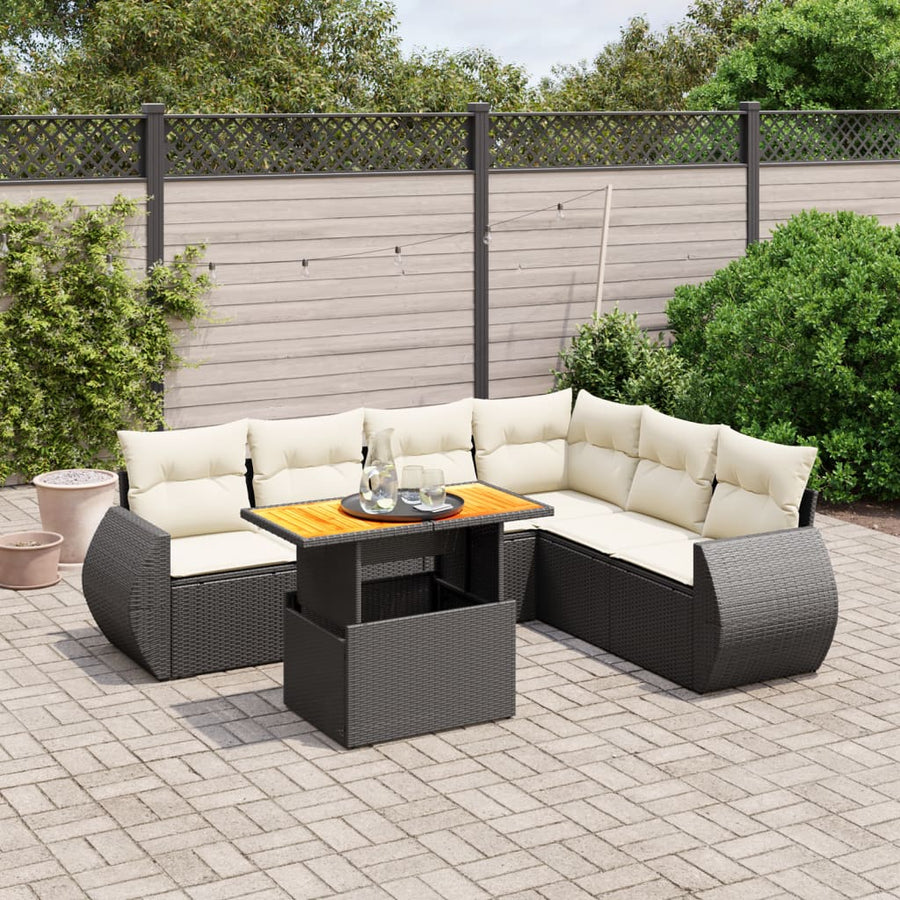 Set Canapele De Grădină Cu Perne, 7 Piese, Negru, Poliratan