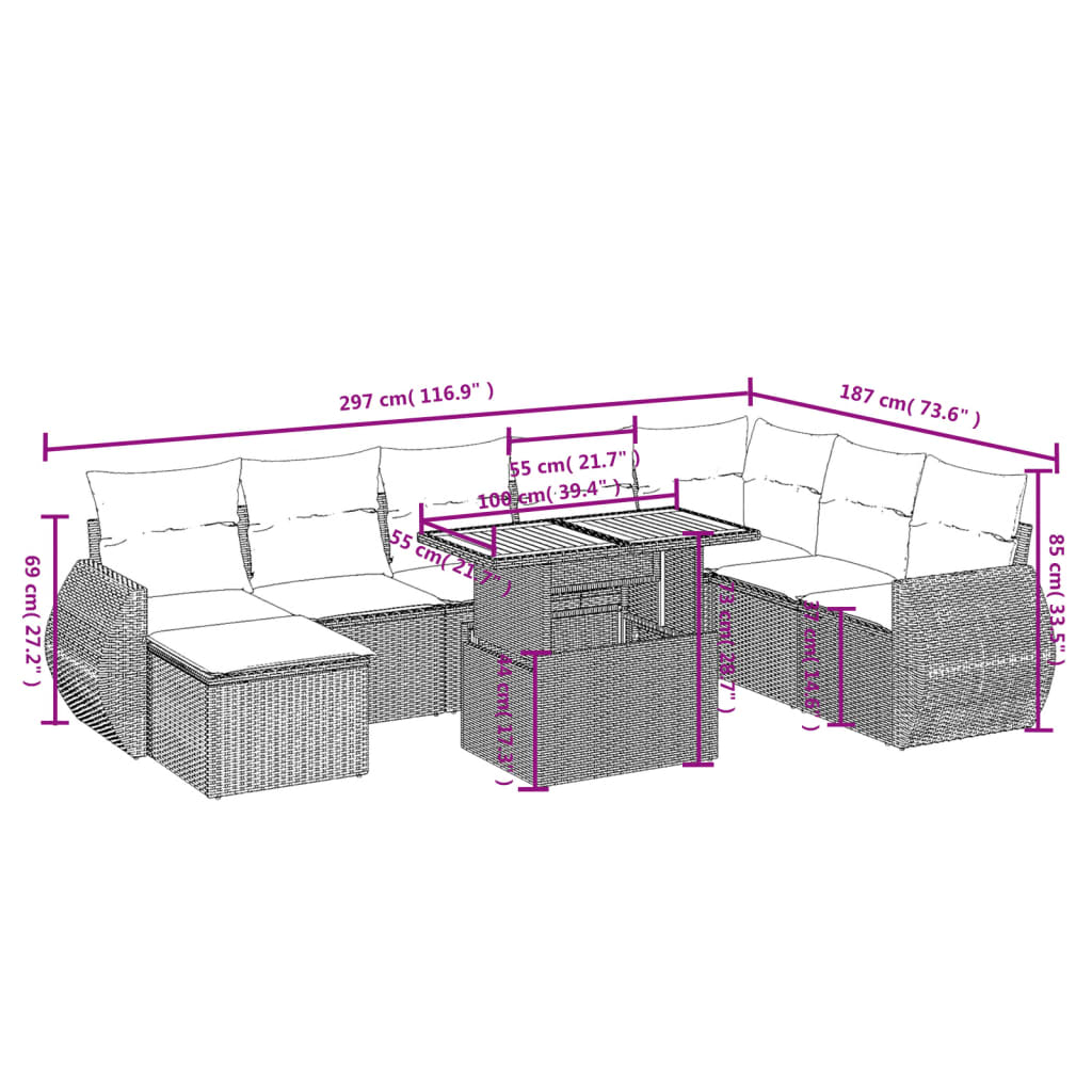 Set Mobilier De Grădină Cu Perne, 9 Piese, , Poliratan
