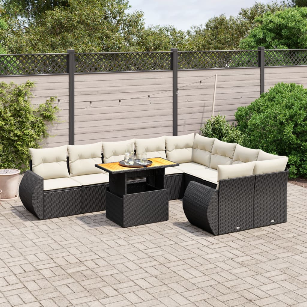 Set Canapele De Grădină Cu Perne, 10 Piese, Negru, Poliratan
