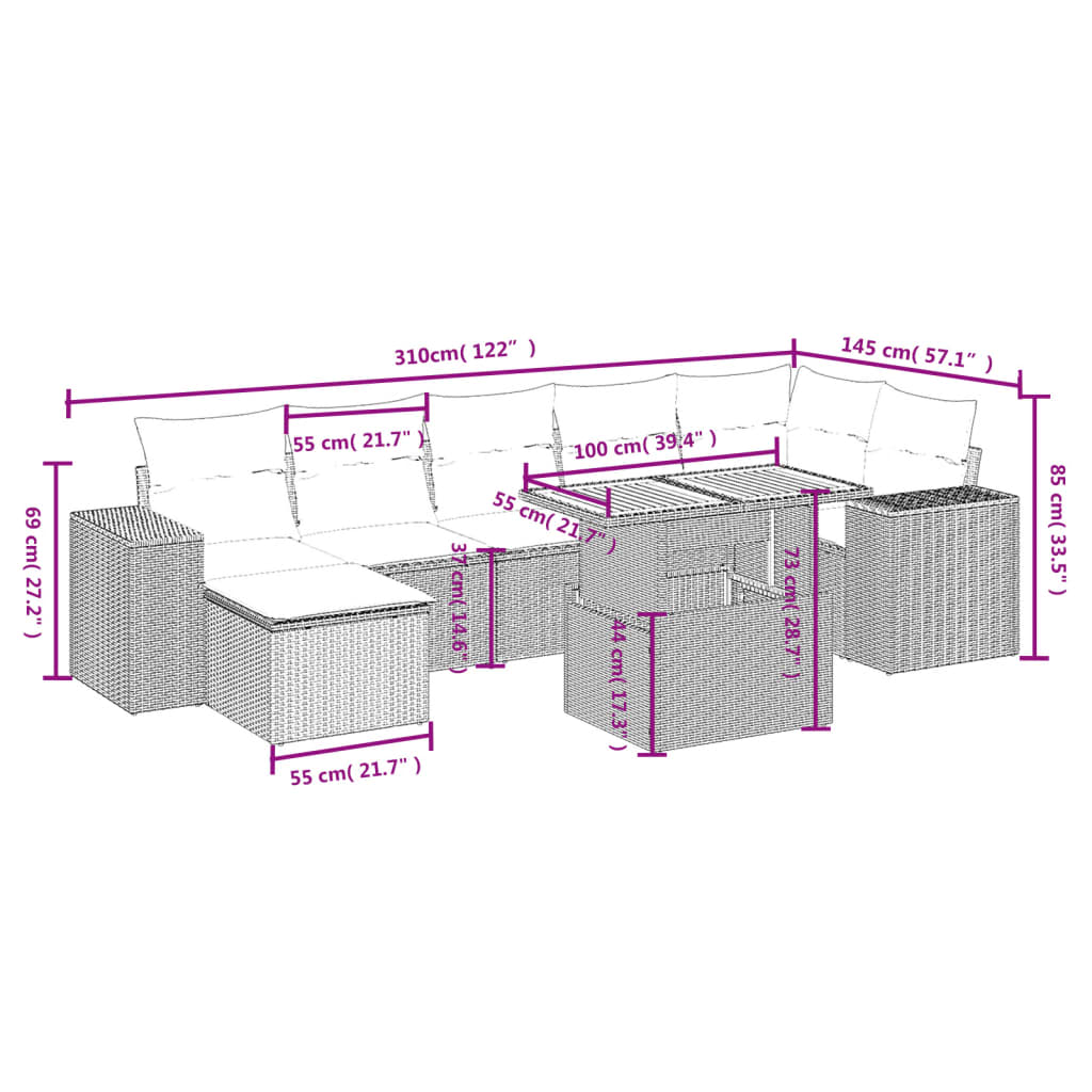 Set Mobilier De Grădină Cu Perne, 8 Piese, , Poliratan