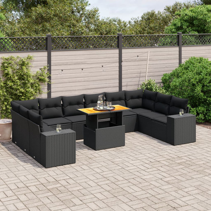 Set Canapele De Grădină Cu Perne, 11 Piese, Negru, Poliratan