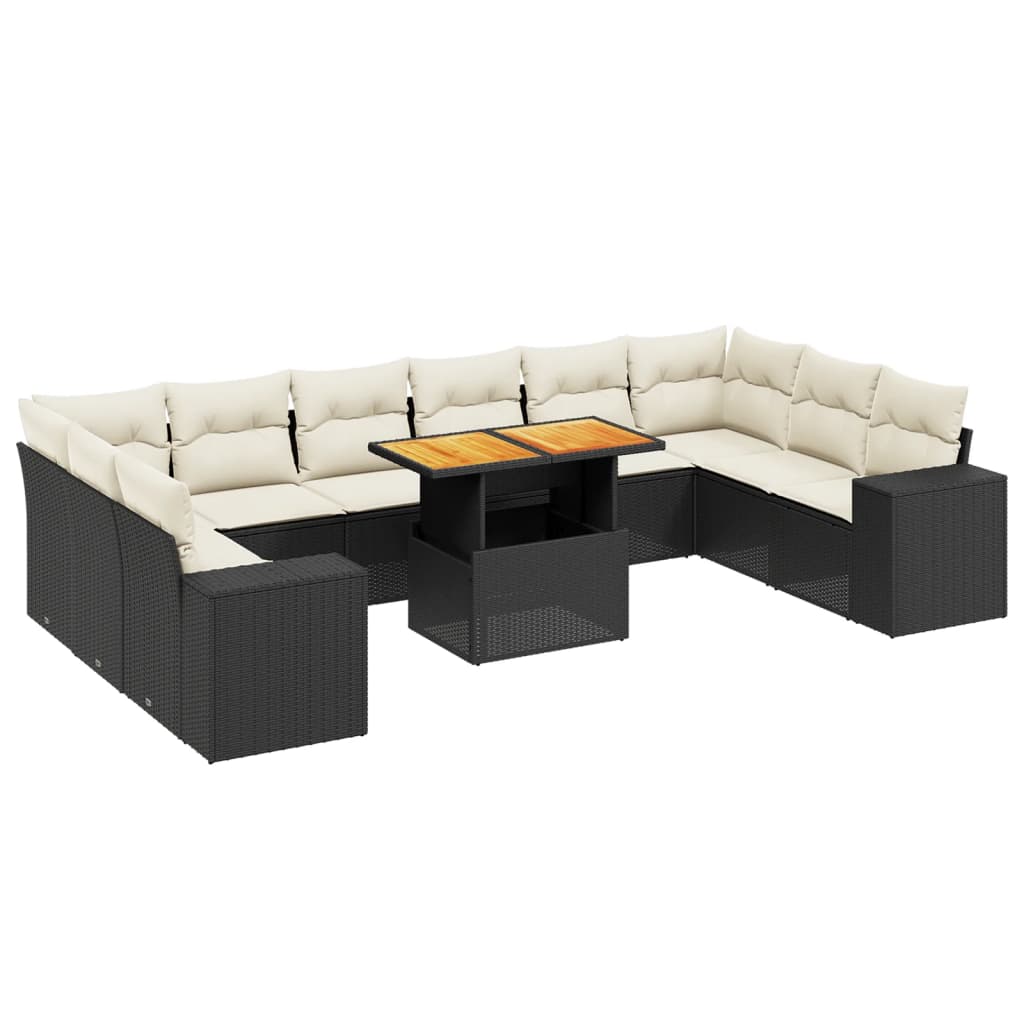 Set Canapele De Grădină Cu Perne, 11 Piese, Negru, Poliratan