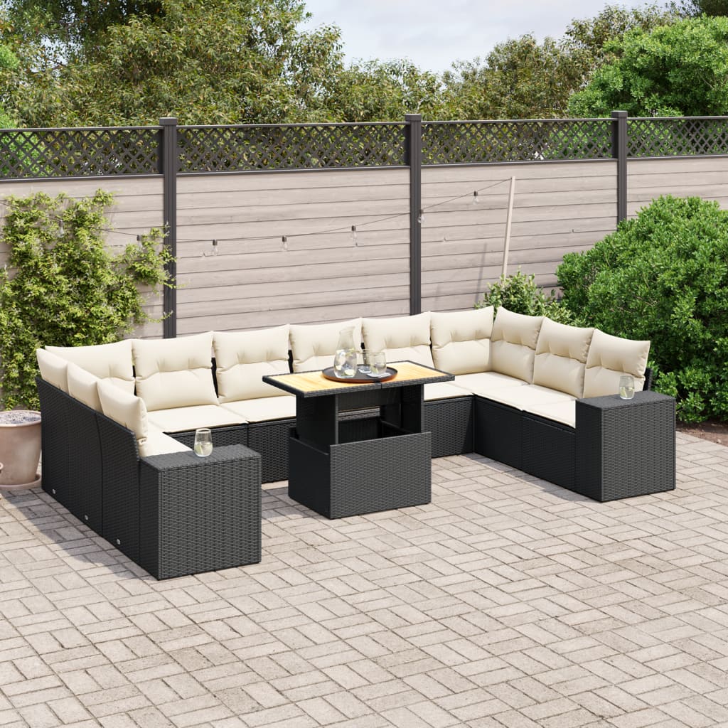 Set Canapele De Grădină Cu Perne, 11 Piese, Negru, Poliratan