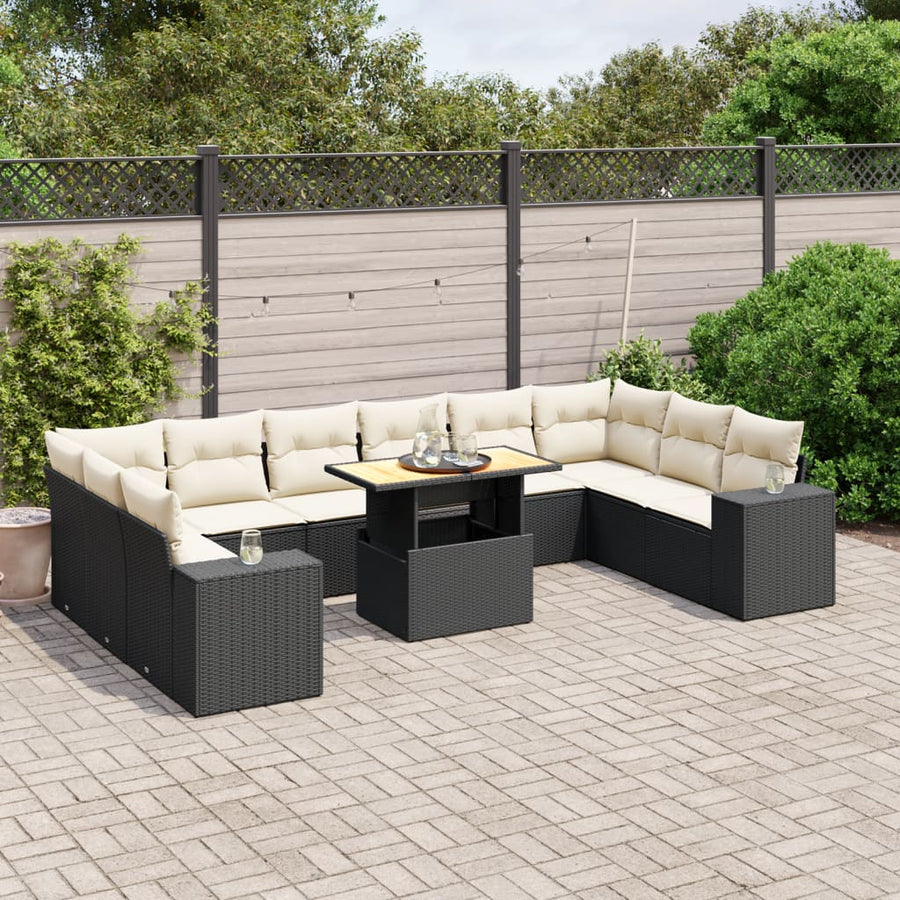 Set Canapele De Grădină Cu Perne, 11 Piese, Negru, Poliratan