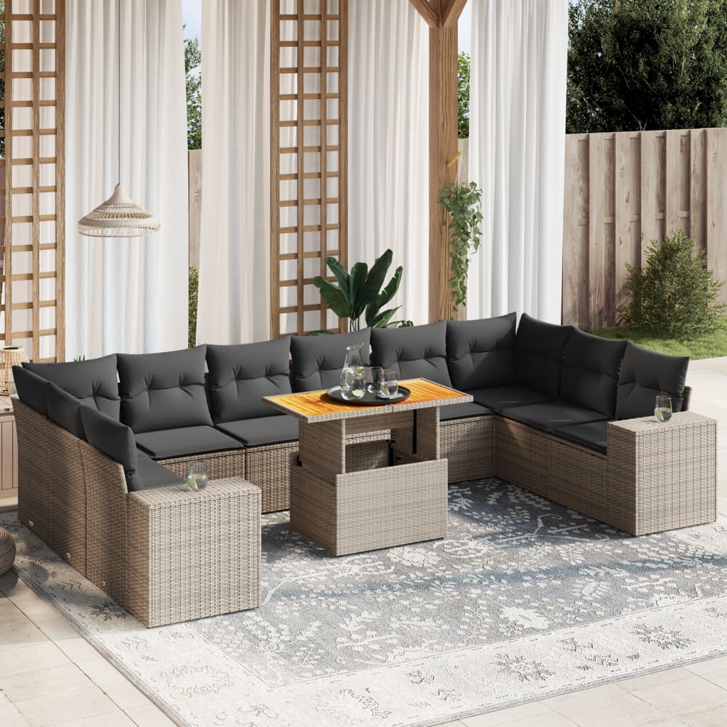 Set Canapele De Grădină Cu Perne, 11 Piese, Negru, Poliratan