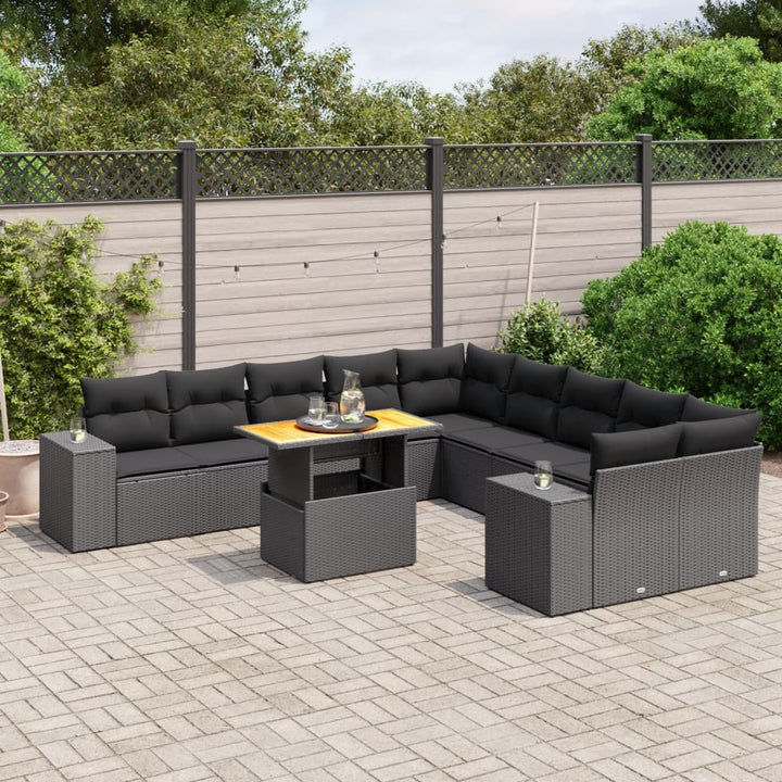 Set Canapele De Grădină Cu Perne, 11 Piese, Negru, Poliratan