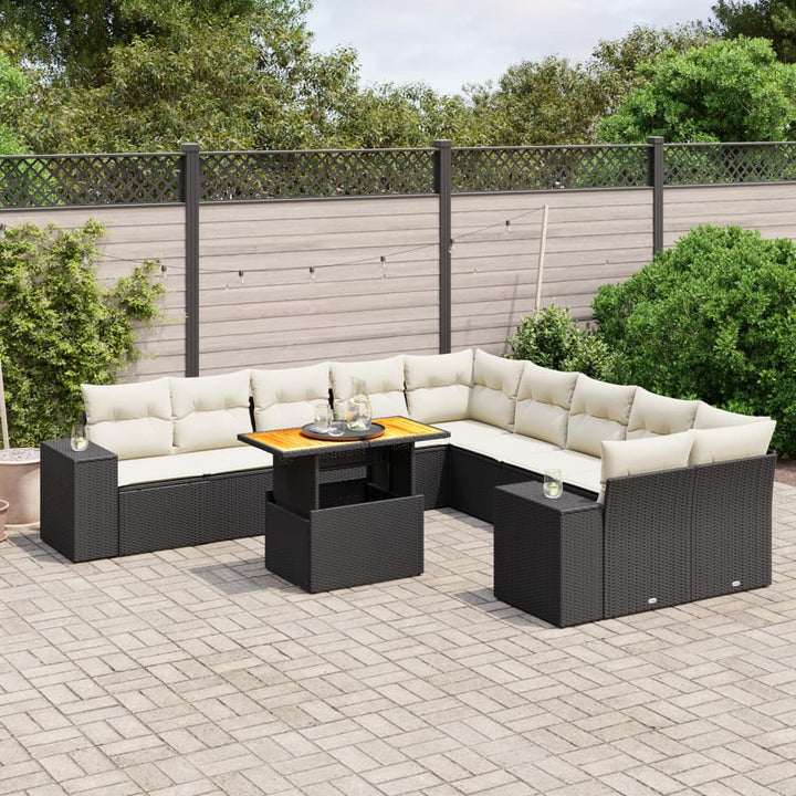 Set Canapele De Grădină Cu Perne, 11 Piese, Negru, Poliratan