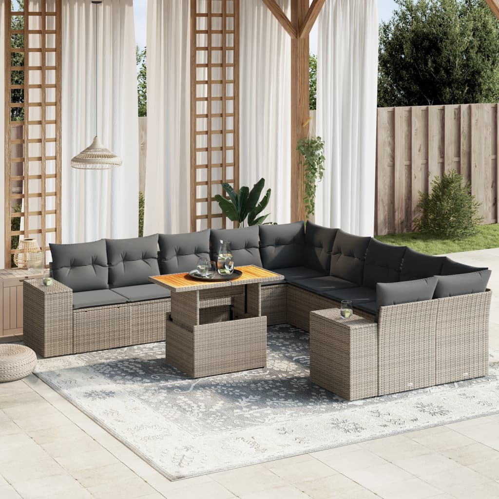 Set Canapele De Grădină Cu Perne, 11 Piese, Negru, Poliratan