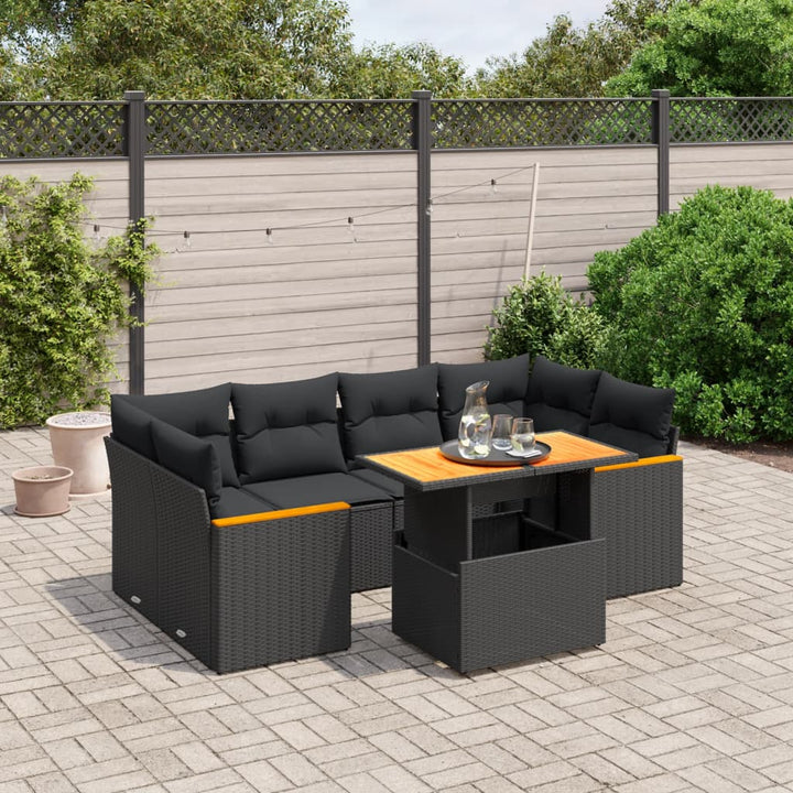 Set Canapele De Grădină Cu Perne, 7 Piese, Negru, Poliratan