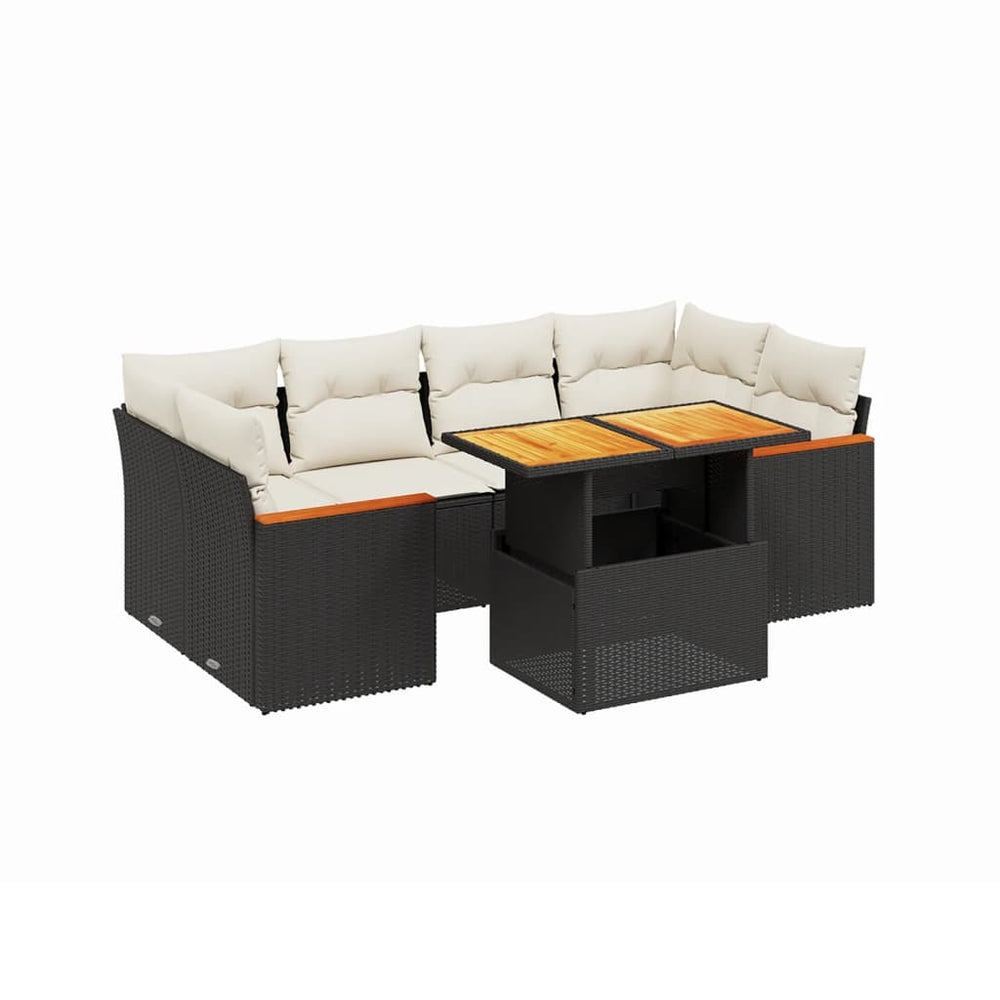 Set Canapele De Grădină Cu Perne, 7 Piese, Negru, Poliratan