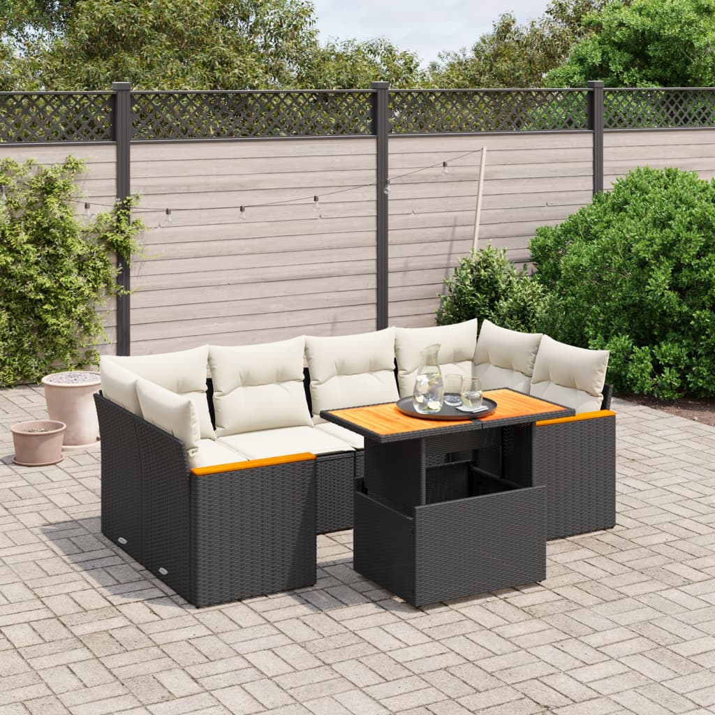 Set Canapele De Grădină Cu Perne, 7 Piese, Negru, Poliratan